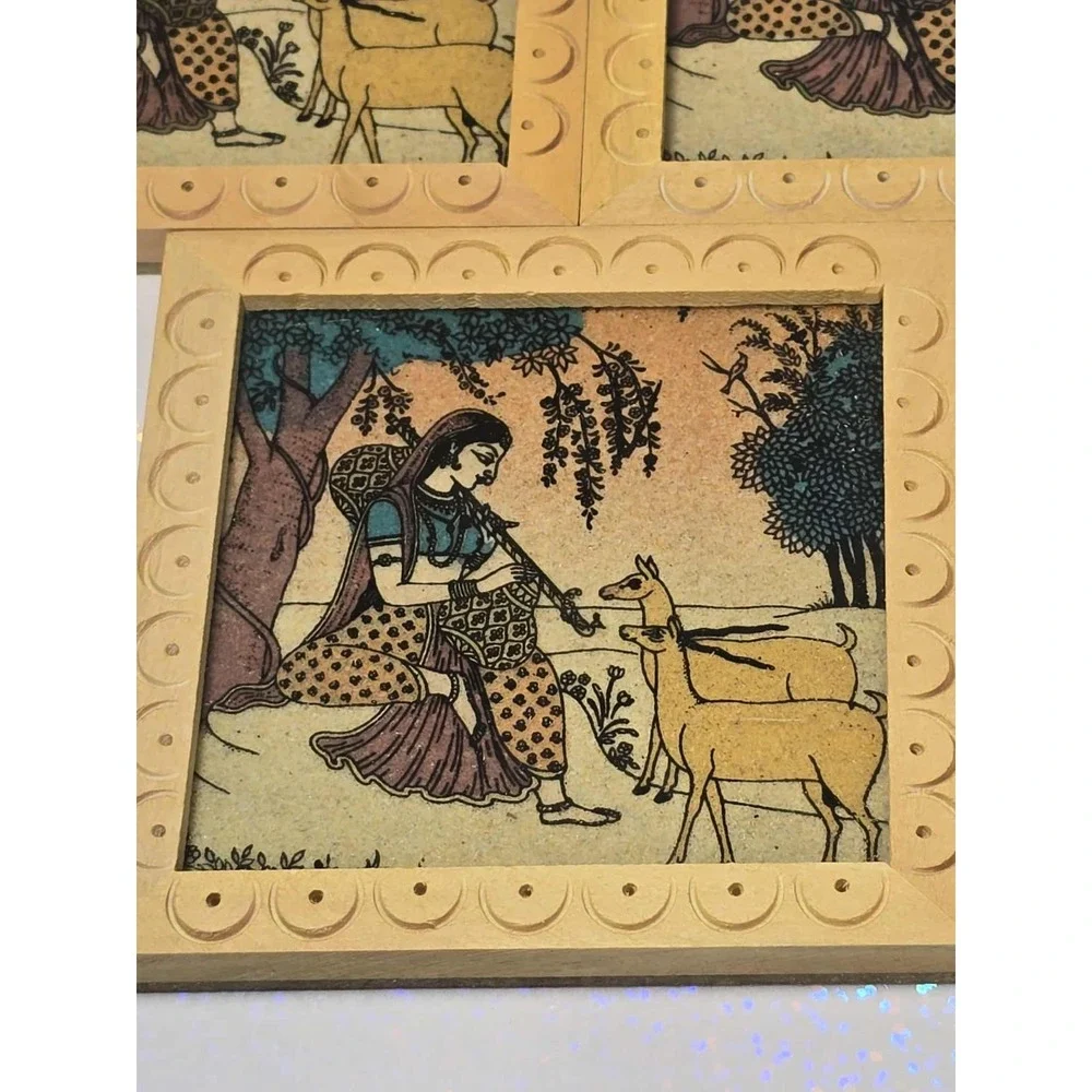 Set of 5 Rajasthani Handcrafted Coasters  Traditional Indian Folk Art Woman deer